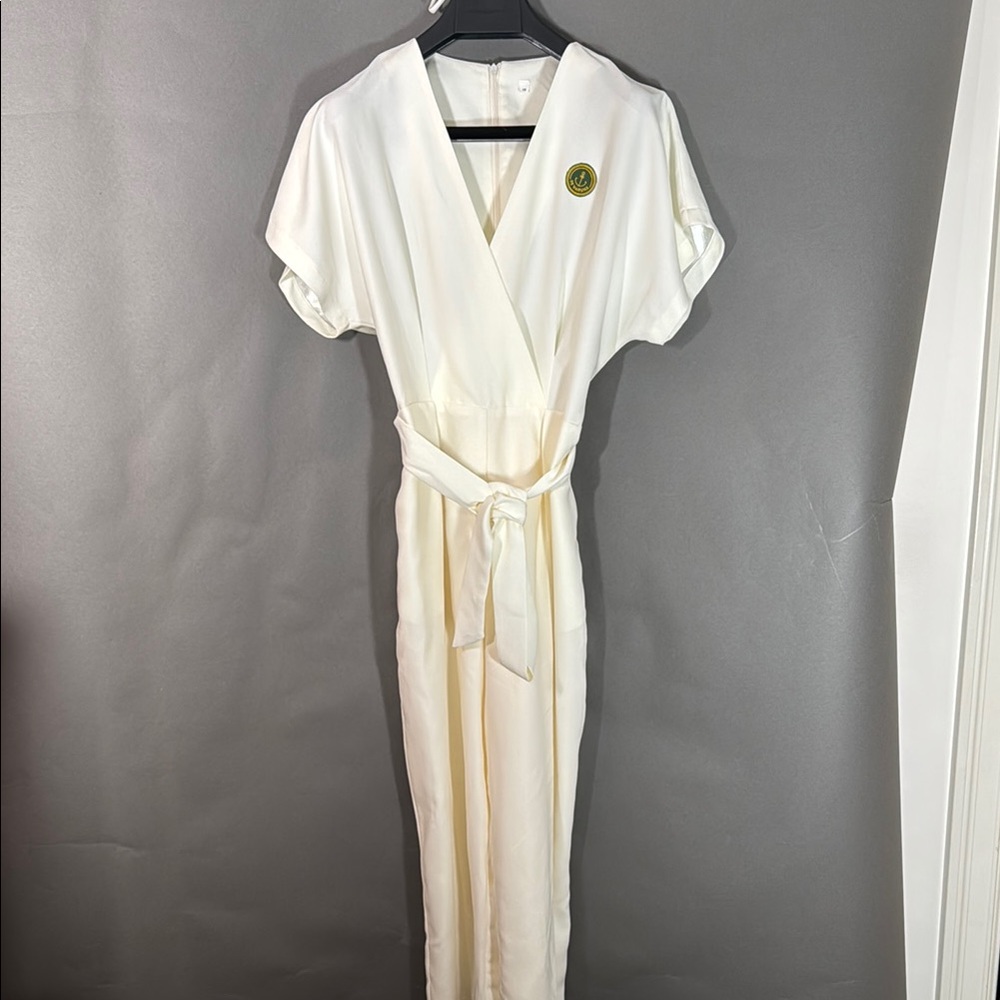 TV show worn wardrobe, Elegant Ivory Wrap Jumpsuit, Yacht Logo, size 10